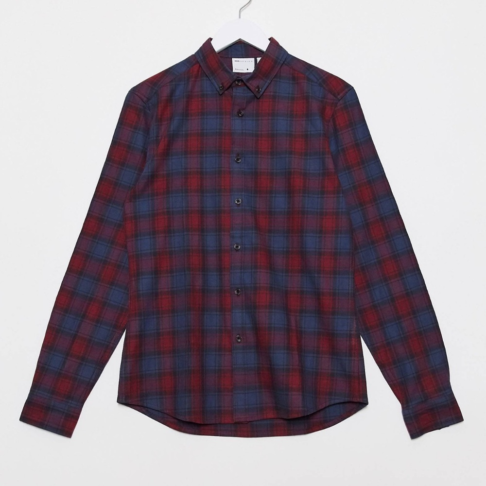 ASOS DESIGN stretch slim button down shirt in red plaid check
